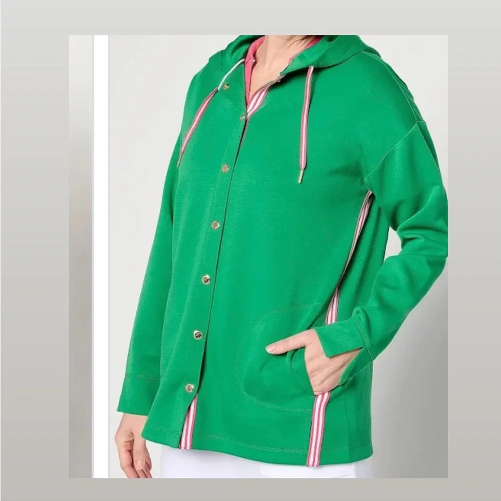 Isaac Mizrahi Live! Regular Clubhouse Scuba Knit Snap Front Tunic w/ Hood - Picture 9 of 9